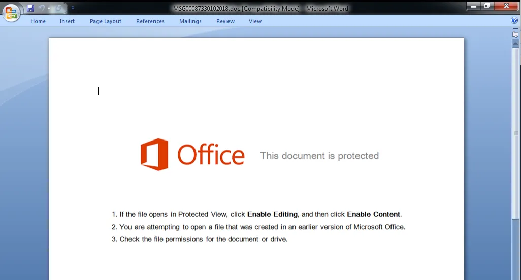 Macro-enabled document using social engineering to prompt the user to enable active content
