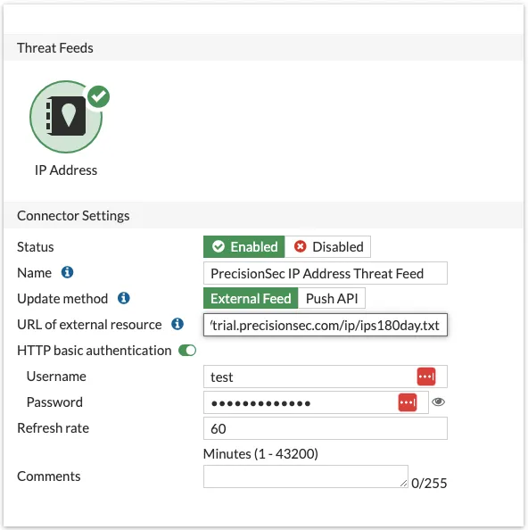 FortiGate external connector dialog for adding an IP feed