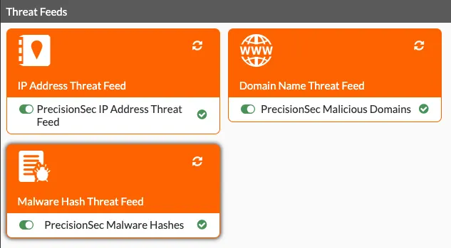 FortiGate External Connectors page showing all three PrecisionSec threat feeds