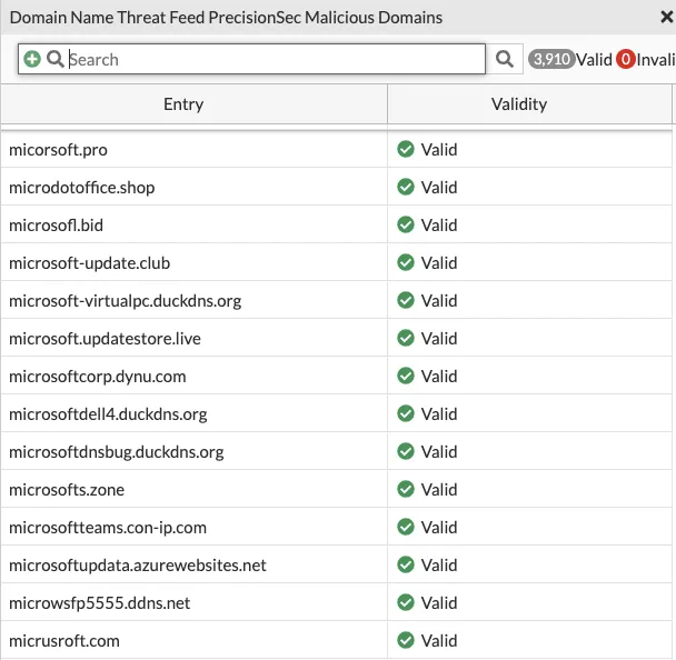 FortiGate domain name threat feed view entries dialog