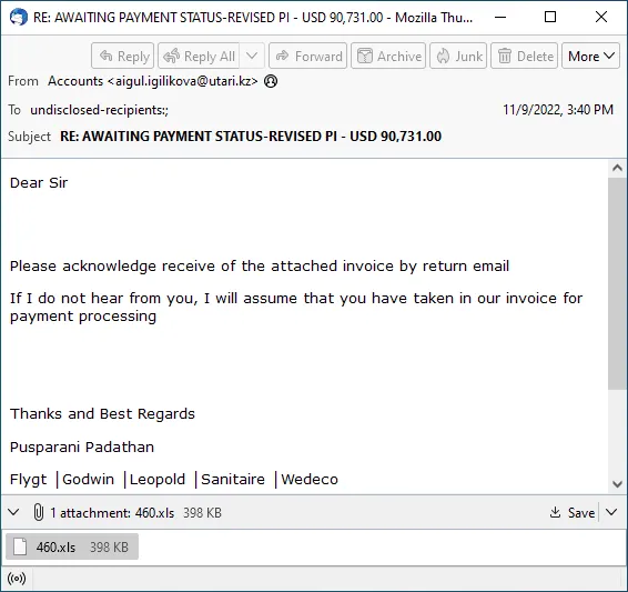 Phishing email delivering Lokibot through a malicious spreadsheet attachment