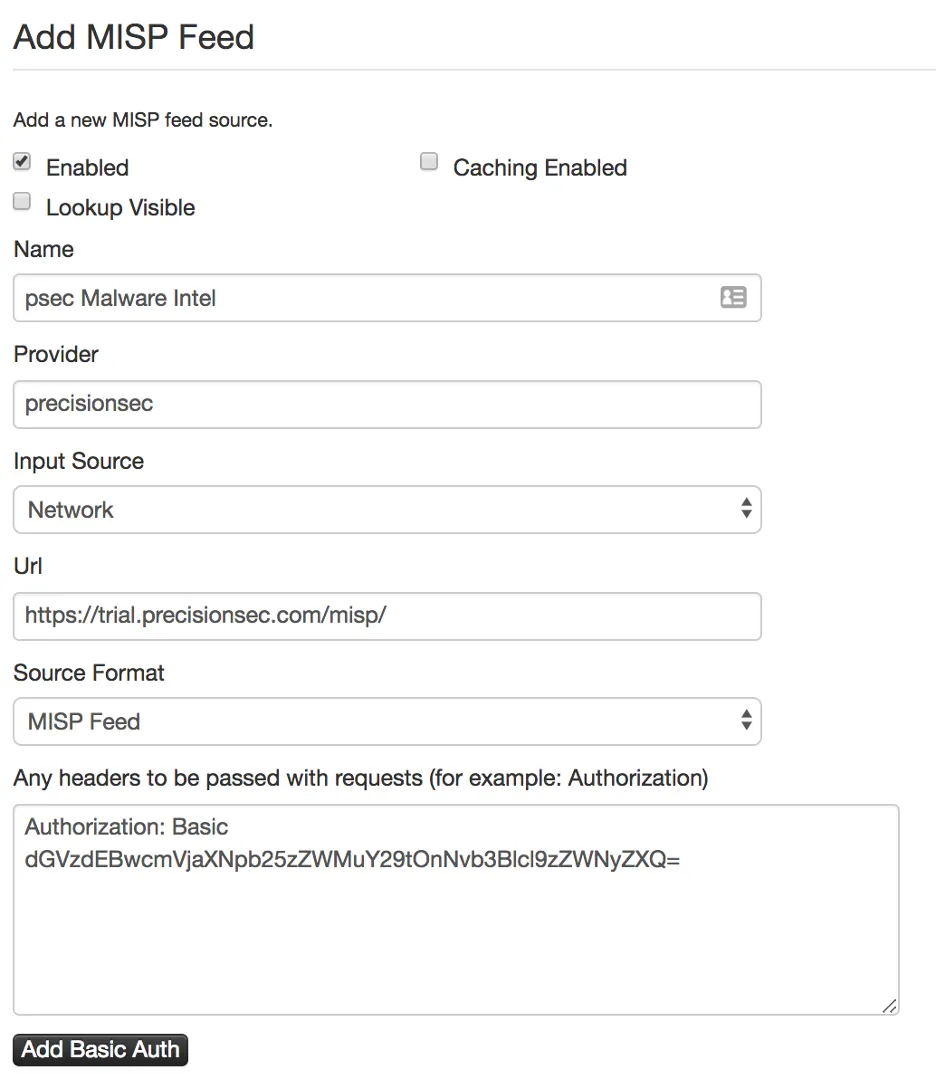 MISP Add Feed page with PrecisionSec feed configured