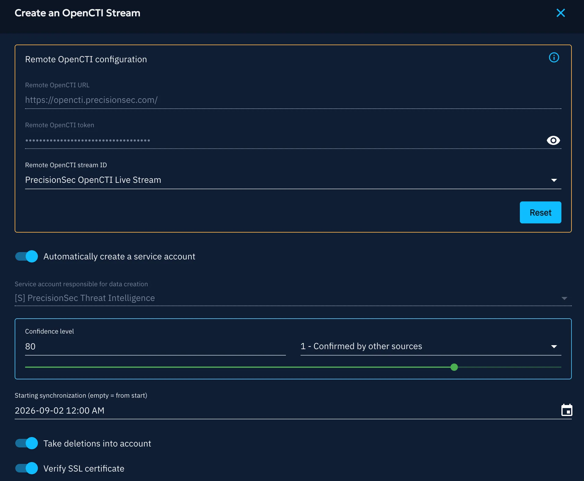 Completed Create an OpenCTI Stream panel: the validated remote OpenCTI configuration, Automatically create a service account enabled, and the sync options set