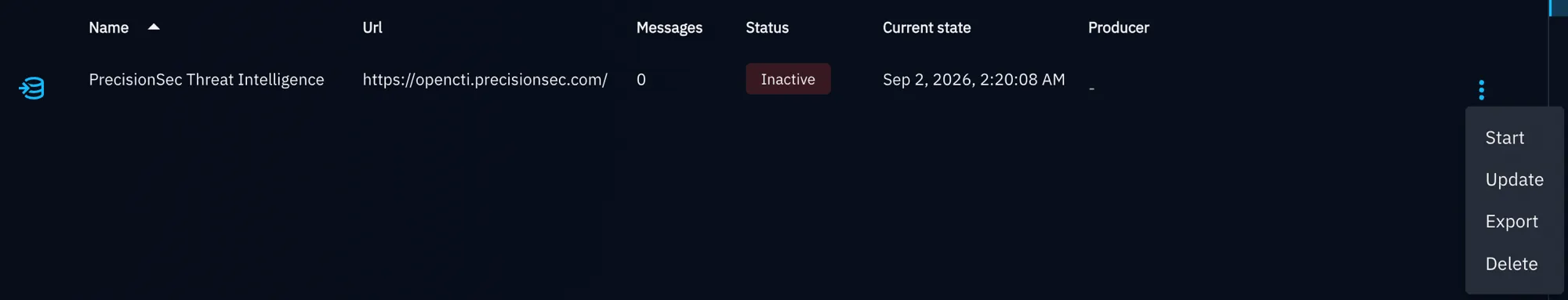 OpenCTI Streams list with the three-dot menu open on the PrecisionSec Threat Intelligence entry, showing Start, Update, Export, and Delete