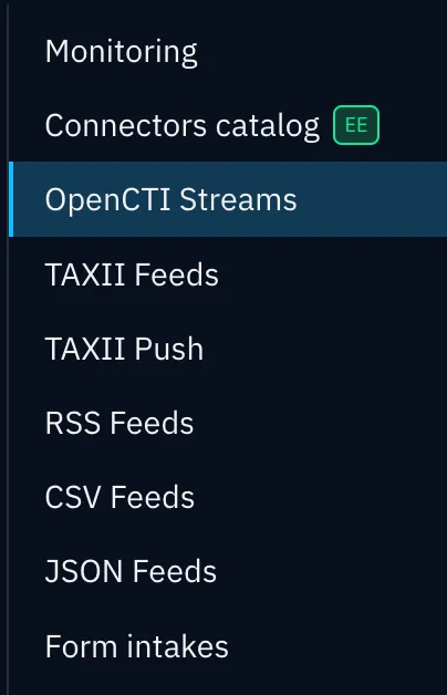 Ingestion navigation list with OpenCTI Streams selected