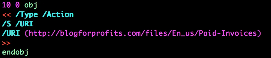Plaintext URI object embedded in malicious Emotet PDF, sample 1