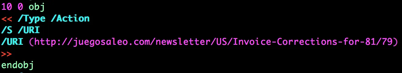 Plaintext URI object embedded in malicious Emotet PDF, sample 2