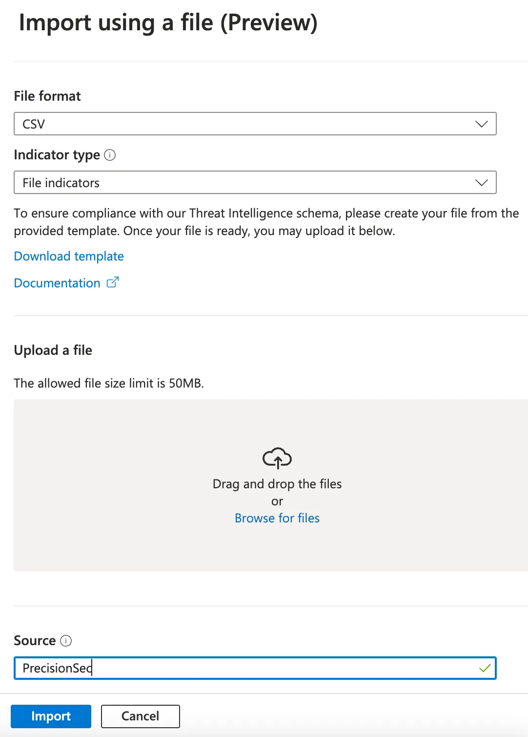 Microsoft Sentinel CSV import dialog