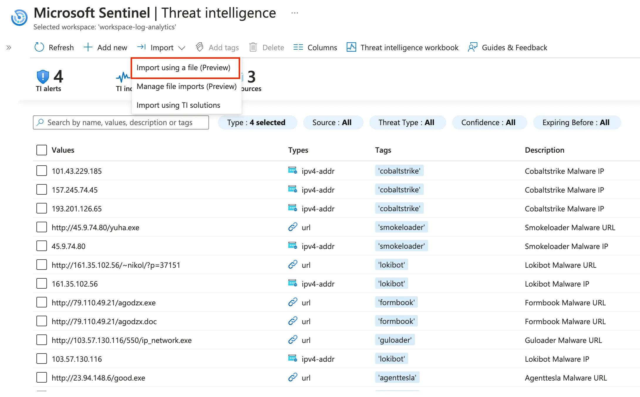 Microsoft Sentinel Threat Intelligence blade showing the Import button