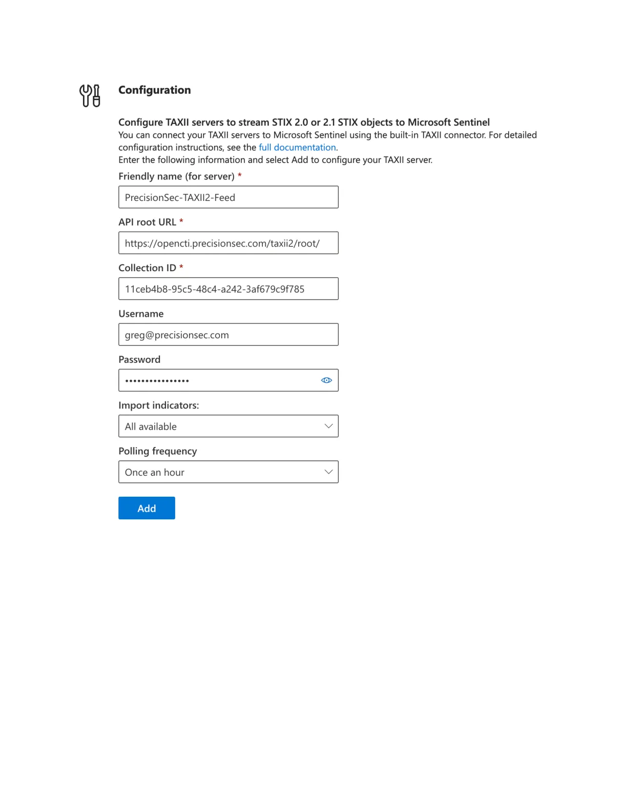 Sentinel Threat Intelligence – TAXII connector configuration form with PrecisionSec connection details filled in