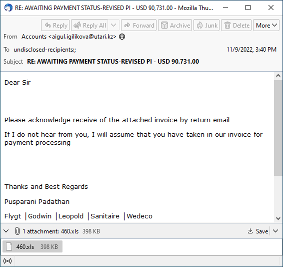 Screenshot of a typical Lokibot phishing email.